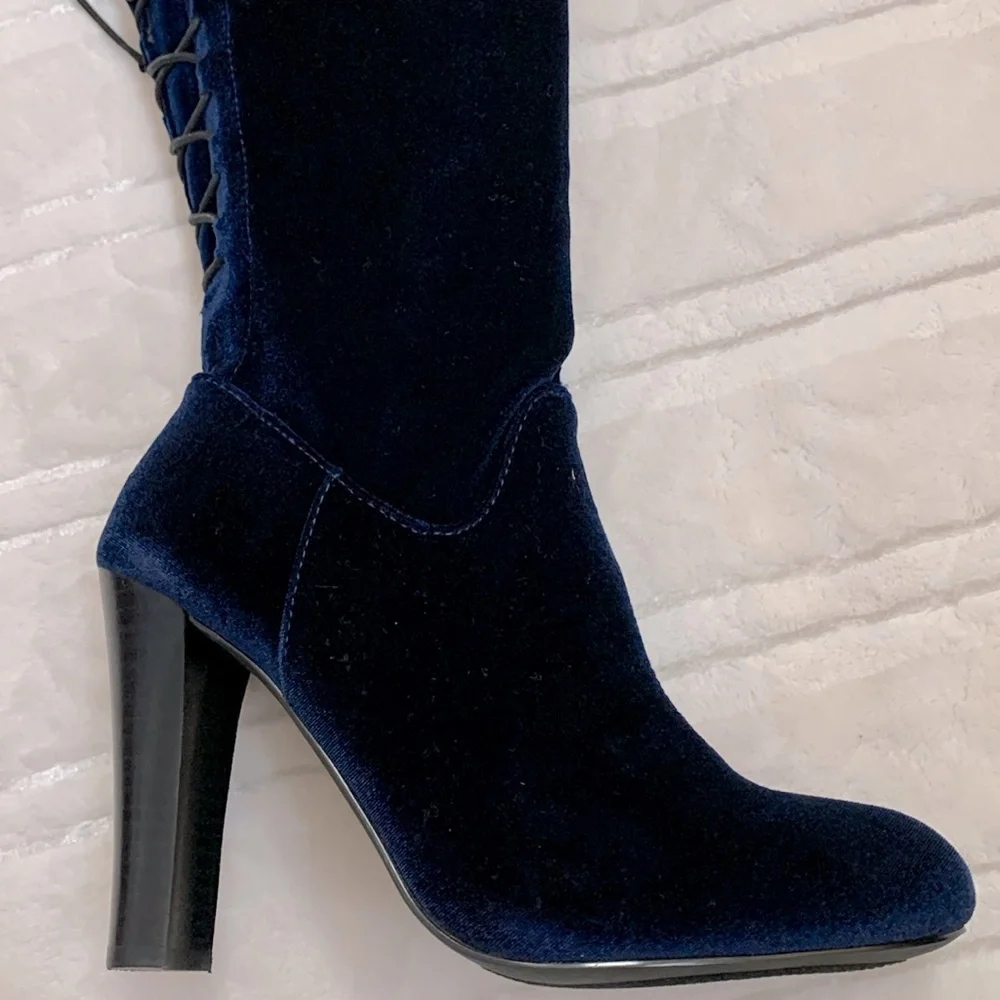 Steve Madden Over the Knee Corset Style Royal Blue Velvet High Heel Boots